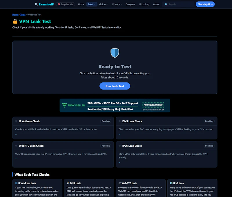 ExamineIP Tools - VPN Leak Test screenshot 1