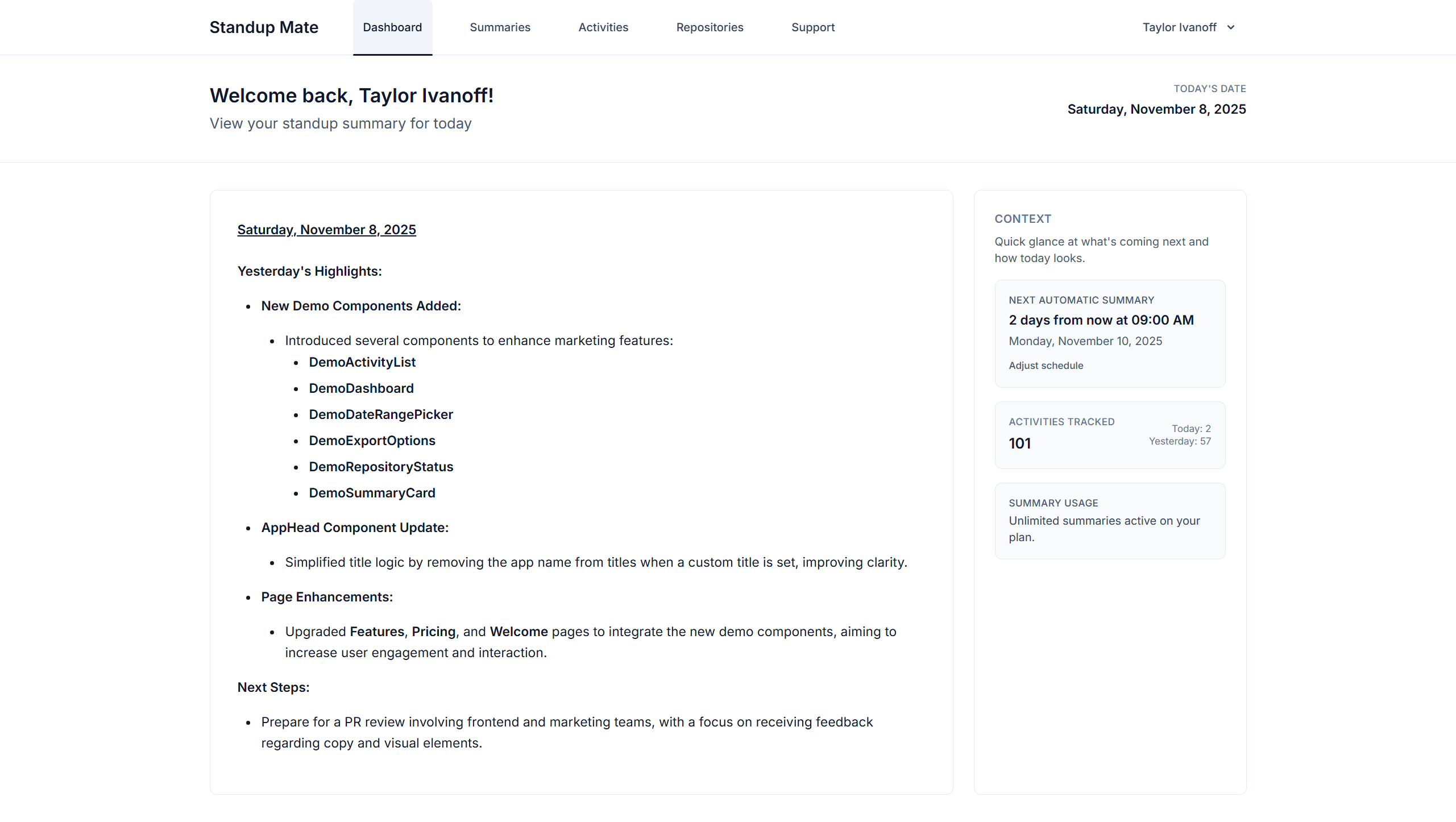 Standup Mate - Main screenshot showing features and interface