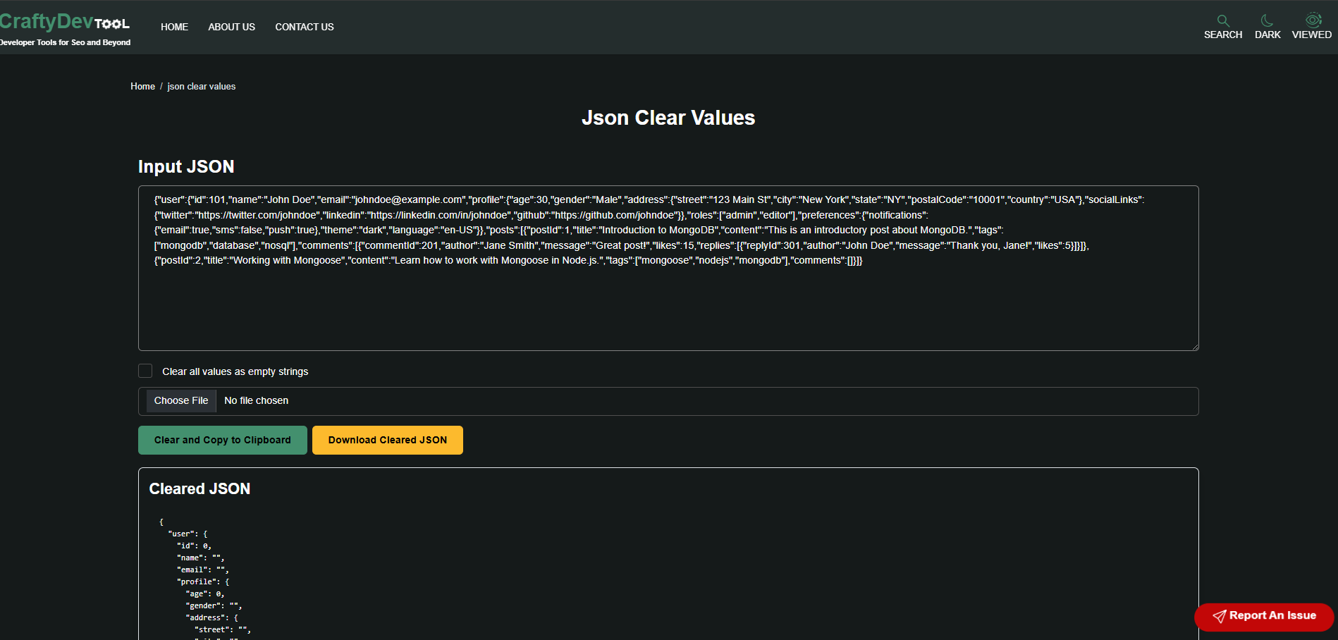 JSON Clear waarden - Sanitize, leeg, schone json online media 1