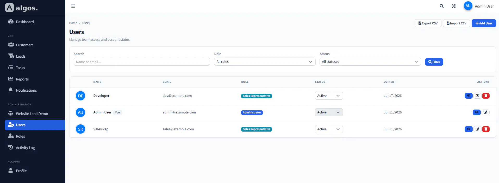 Algos CRM screenshot