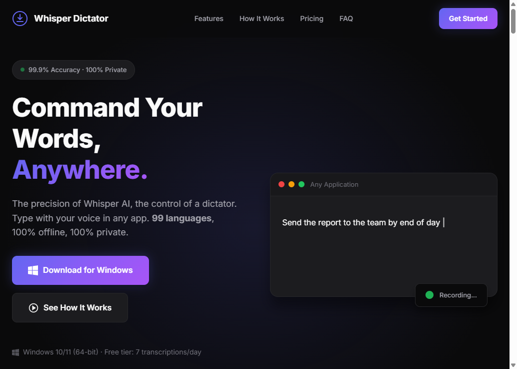 Whisper Dictator - Main product screenshot demonstrating key features and user interface