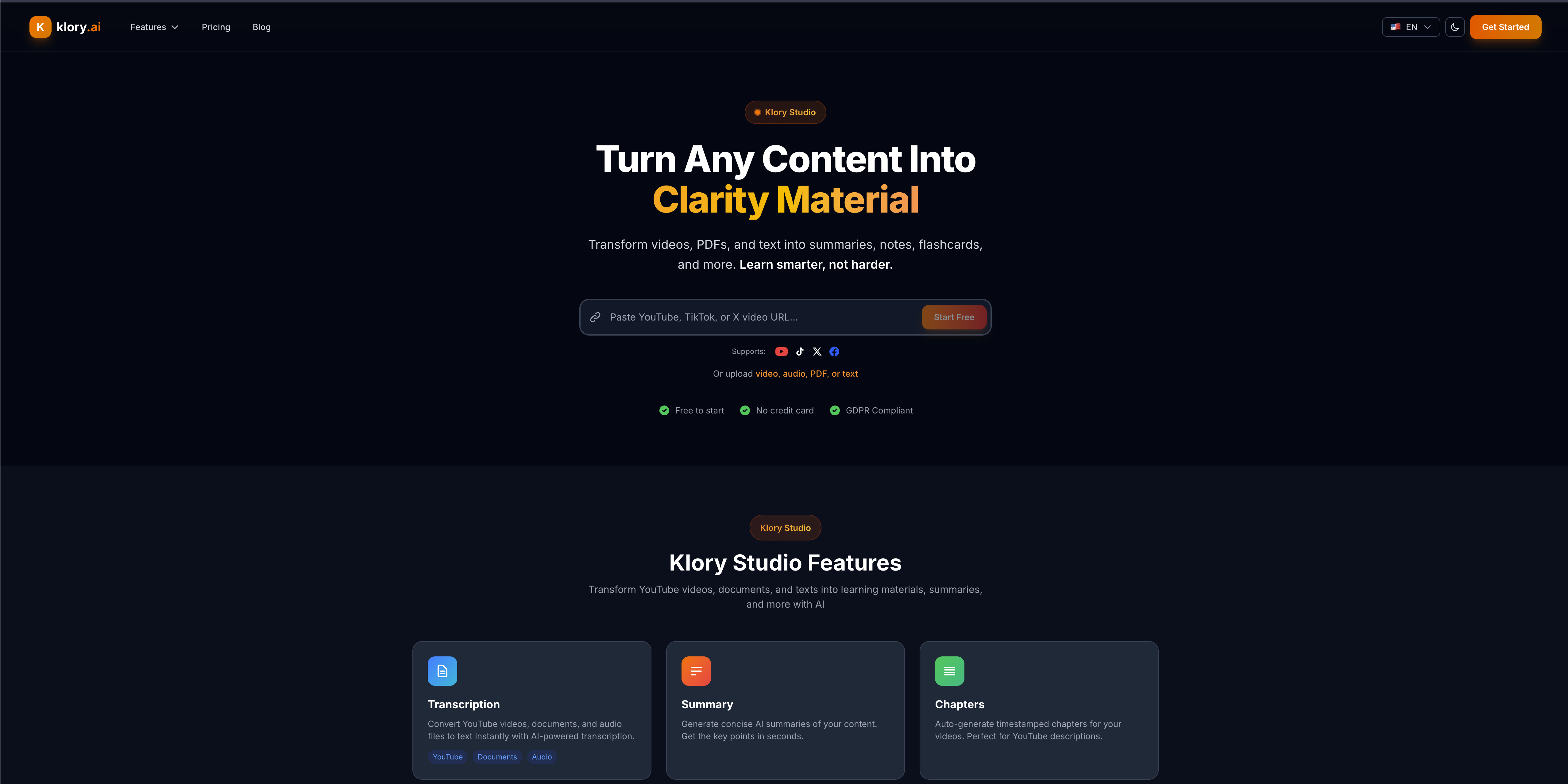 Klory.ai - Main product screenshot demonstrating key features and user interface