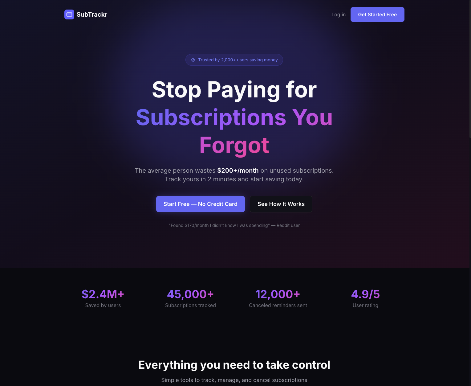 SubTrackr - Main product screenshot demonstrating key features and user interface