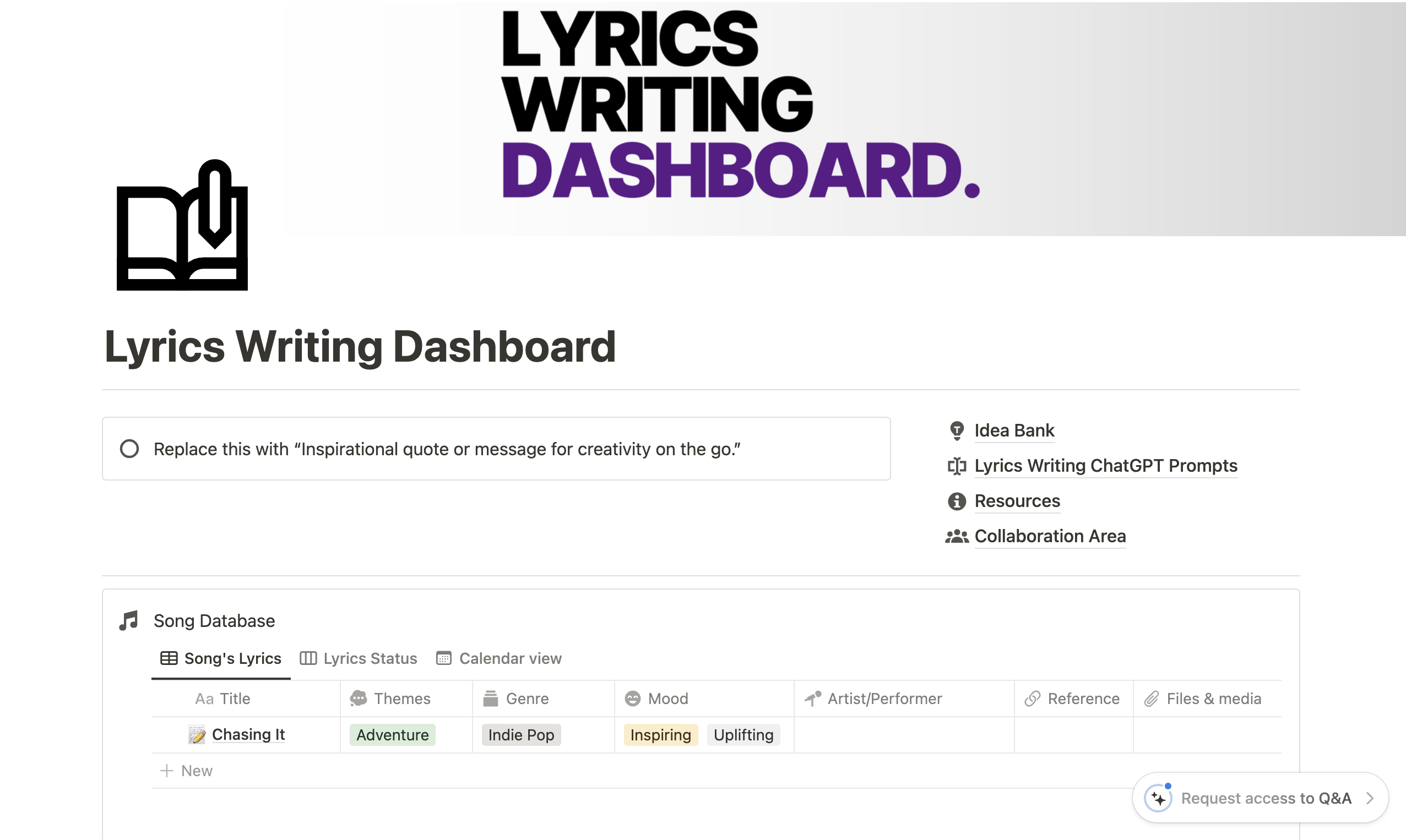 Mídia 1 de Lyrics Writing Dashboard