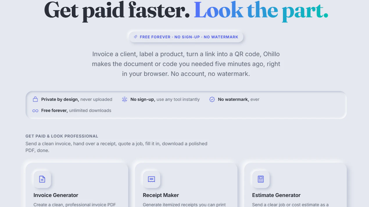 Ohillo - free invoice & QR code tools product