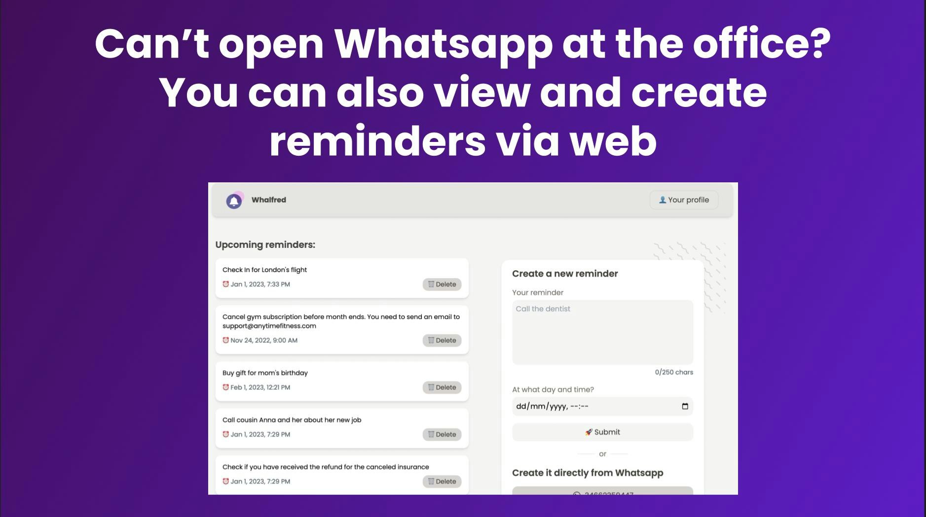 وسائط Whalfred - الأداة لإنشاء واستقبال التذكيرات عبر WhatsApp 3