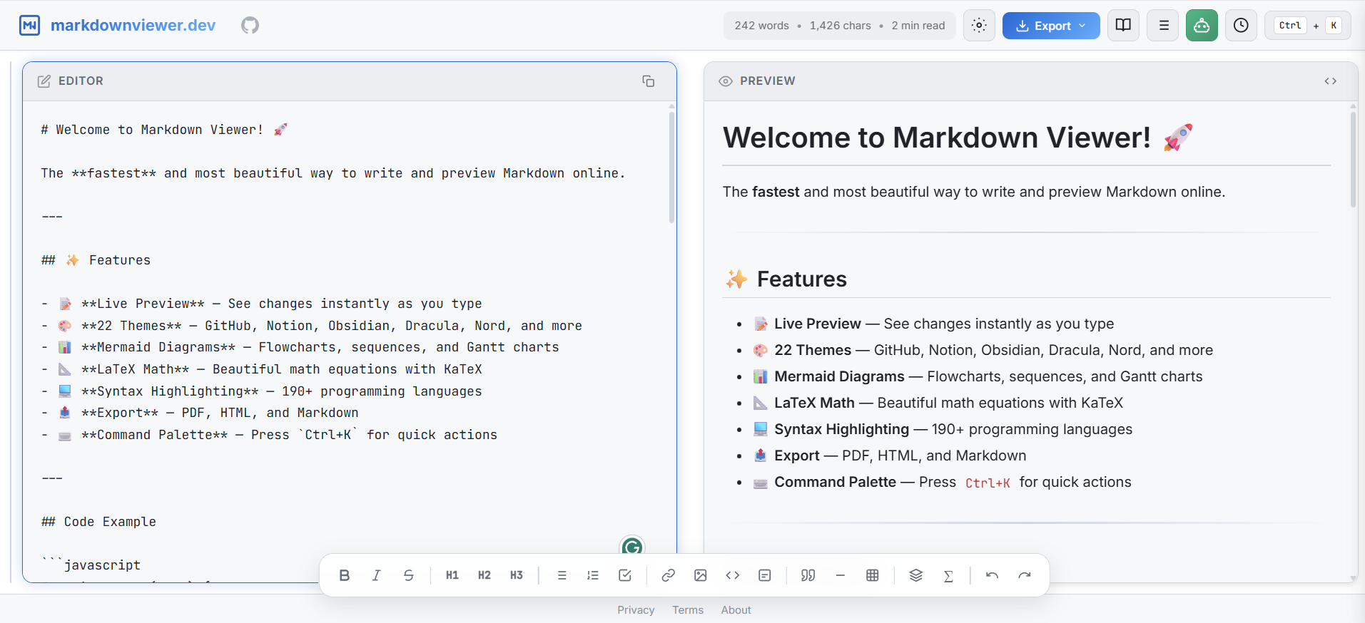 Markdown Viewer - Main product screenshot demonstrating key features and user interface