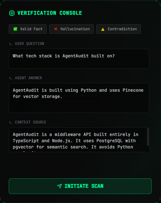 AgentAudit - Main product screenshot demonstrating key features and user interface