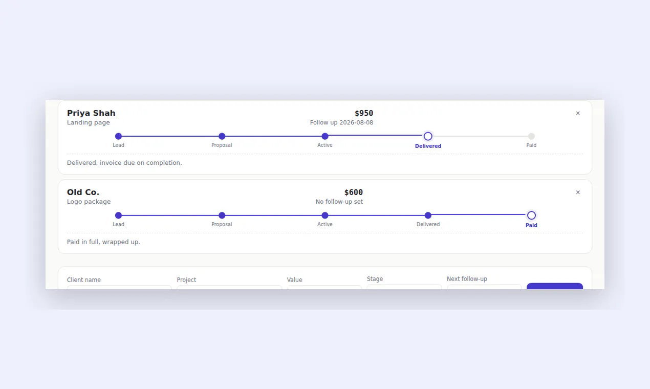 Freelance Client & Project Tracker screenshot
