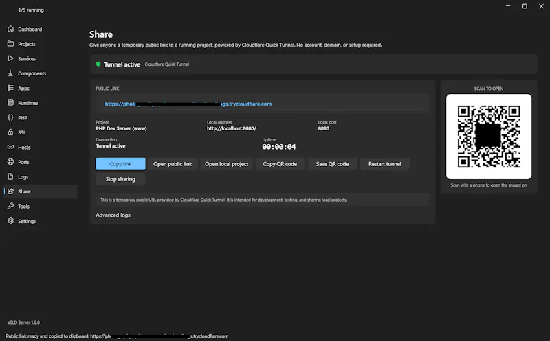 VELO Server screenshot 2