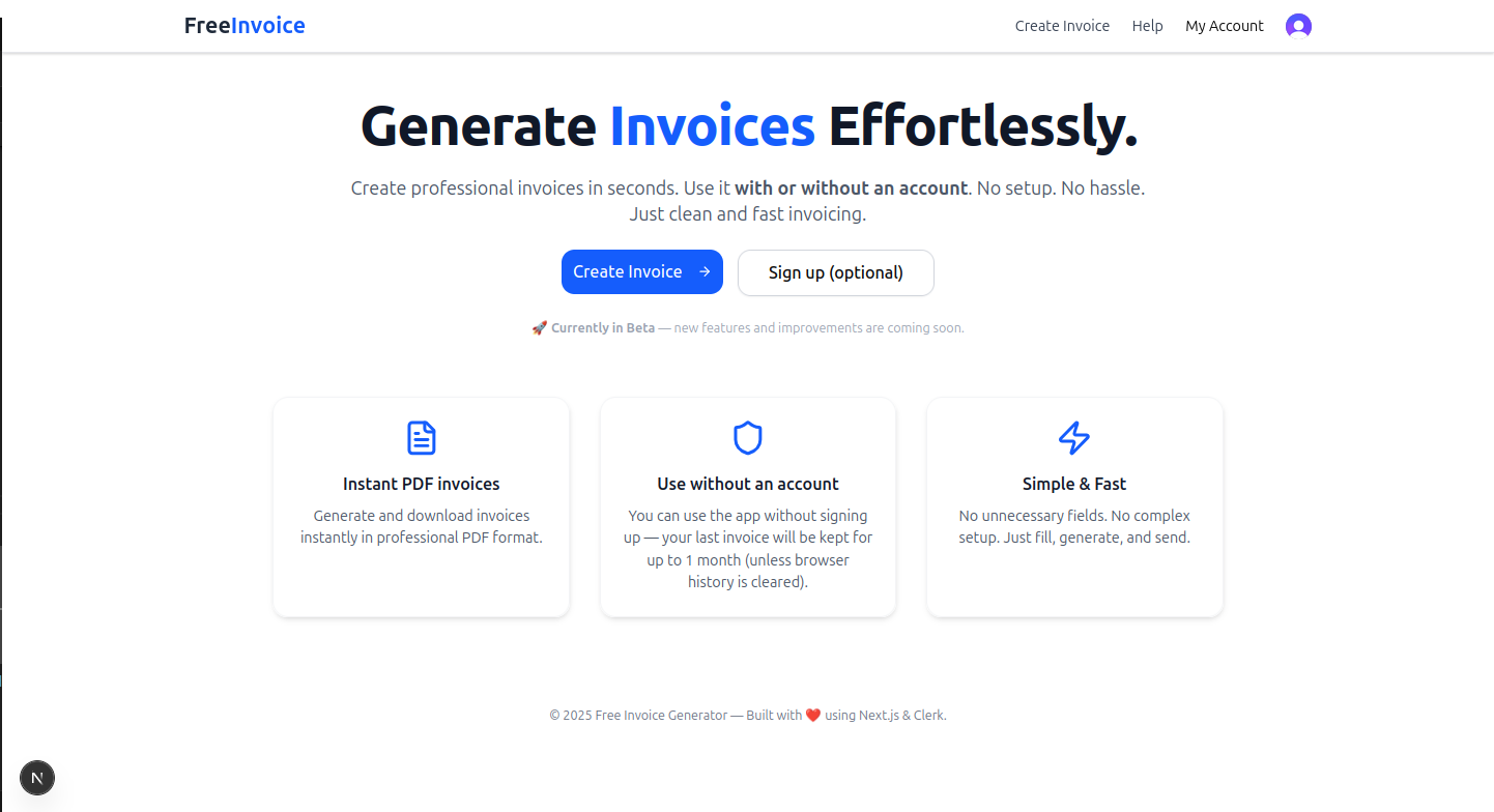 Free Invoice Generator - Main product screenshot demonstrating key features and user interface