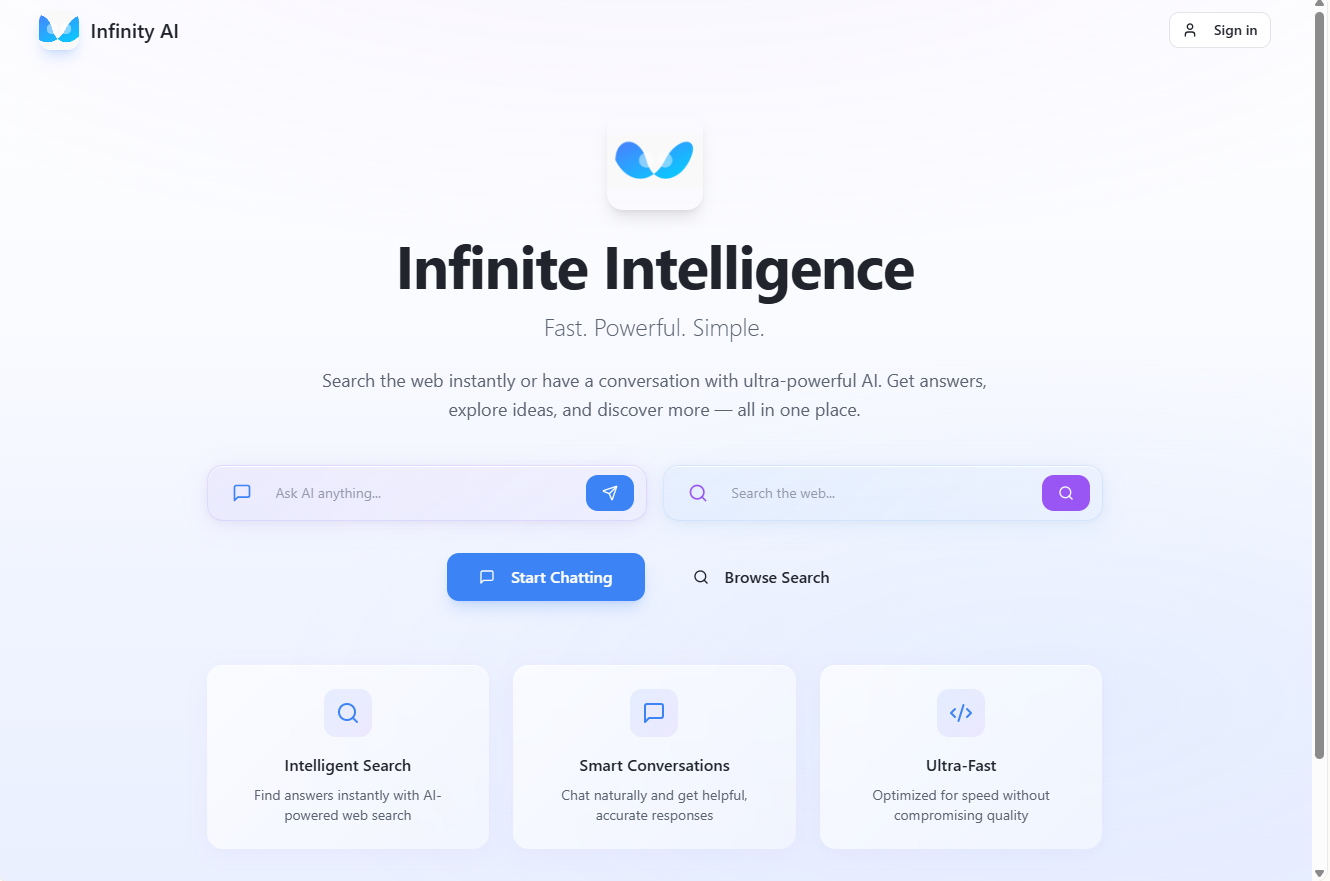 Infinity AI - Main product screenshot demonstrating key features and user interface