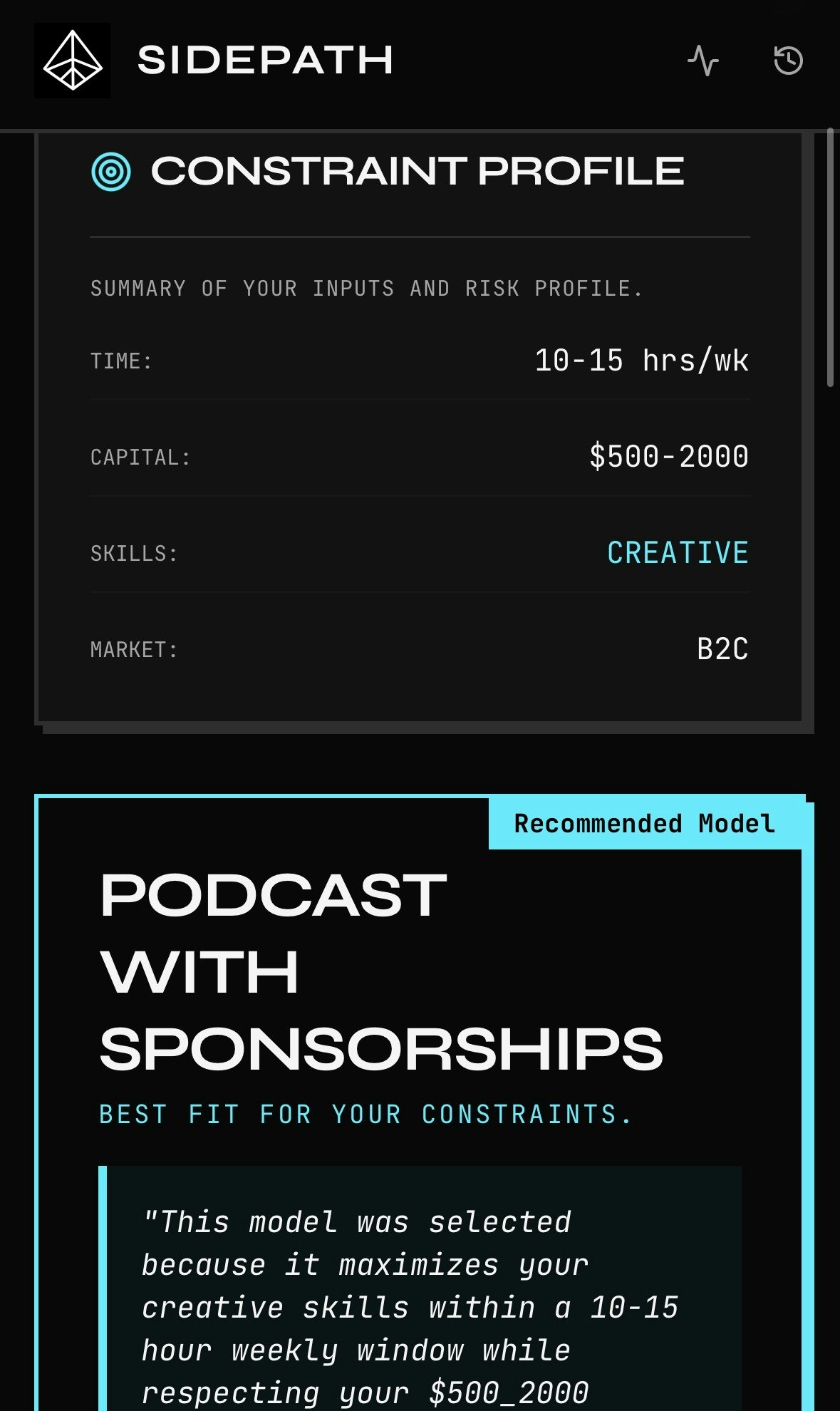 Sidepath — Find the right side hustle - Main product screenshot demonstrating key features and user interface