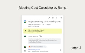 Cálculo de custo em tempo real no Google Agenda mostrando o custo real de reuniões com ajustes de duração e participantes.