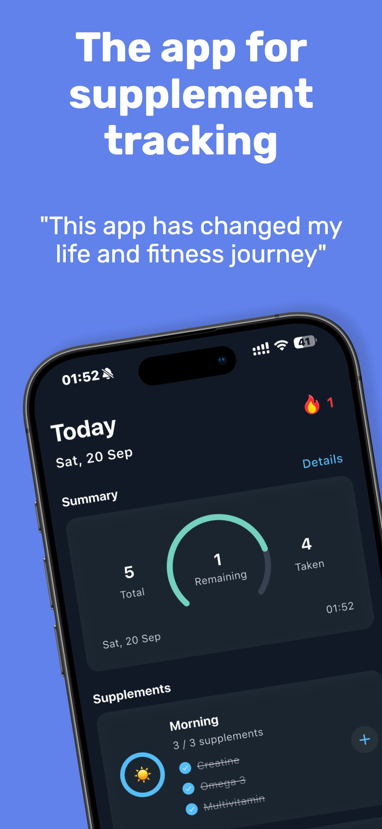 GymDose: Supplement Tracker - Main product screenshot demonstrating key features and user interface