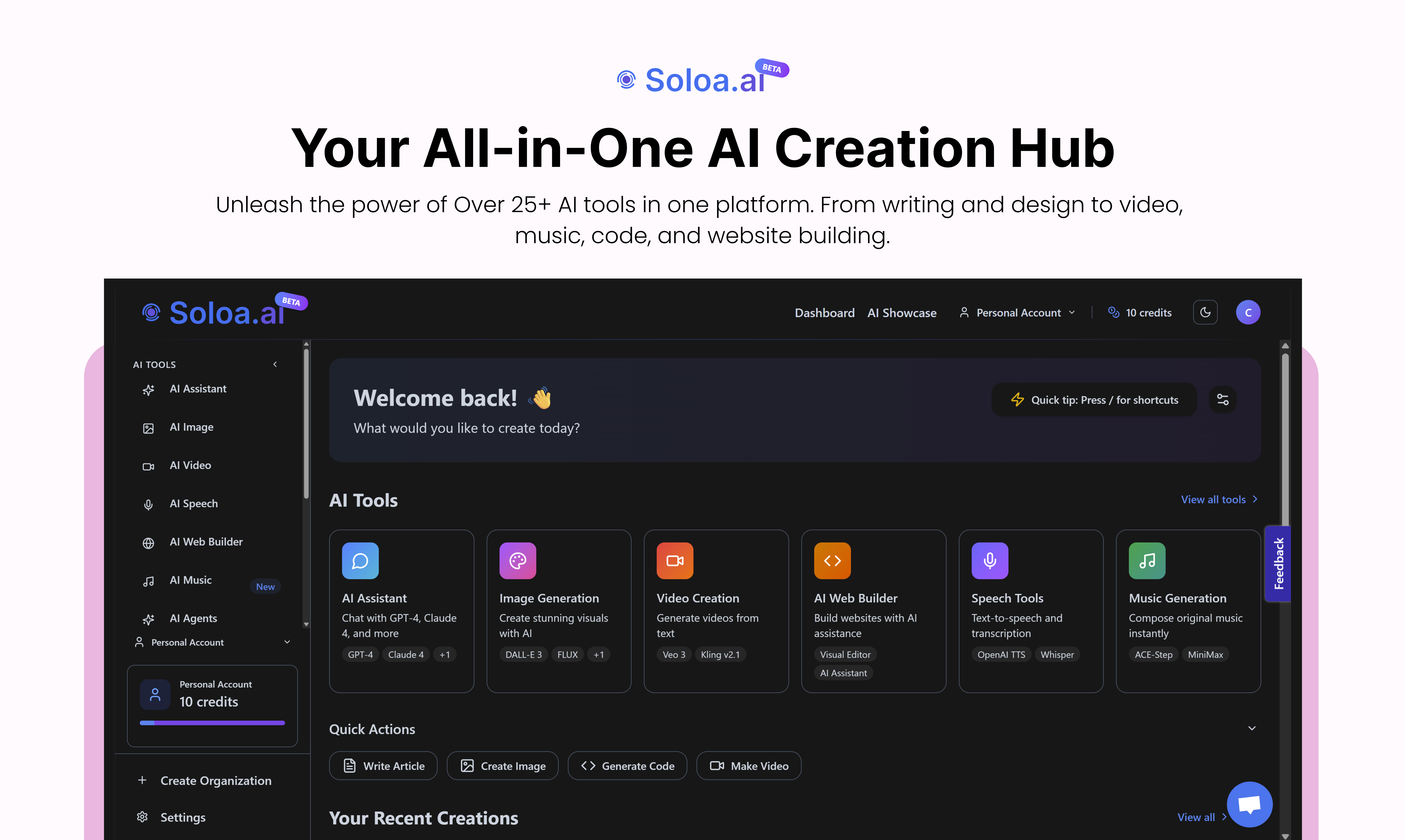 Média SOLOA: Studio AI tout-en-un (25 outils) - 25 outils d'IA pour les images, les vidéos, le discours, la musique et les chats 3