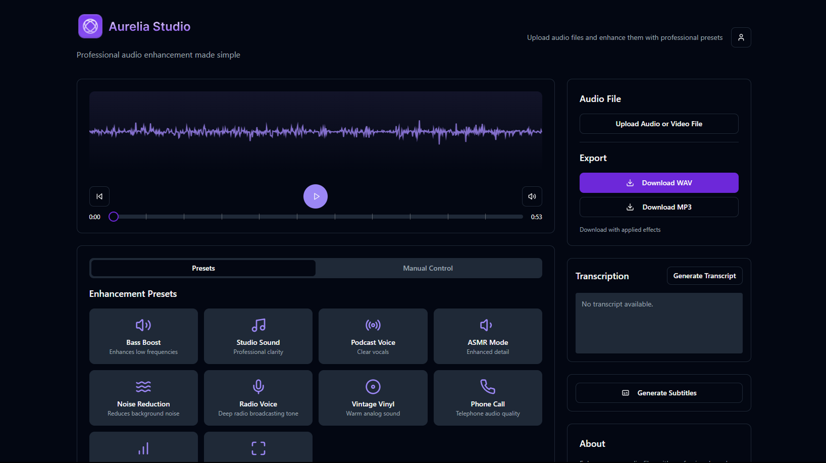 Média Aurelia Studio - Plate-forme d'amélioration audio alimentée en AI 1