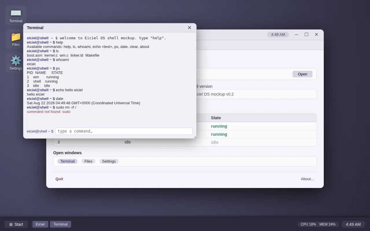 Eiciel OS — an operating system gallery image