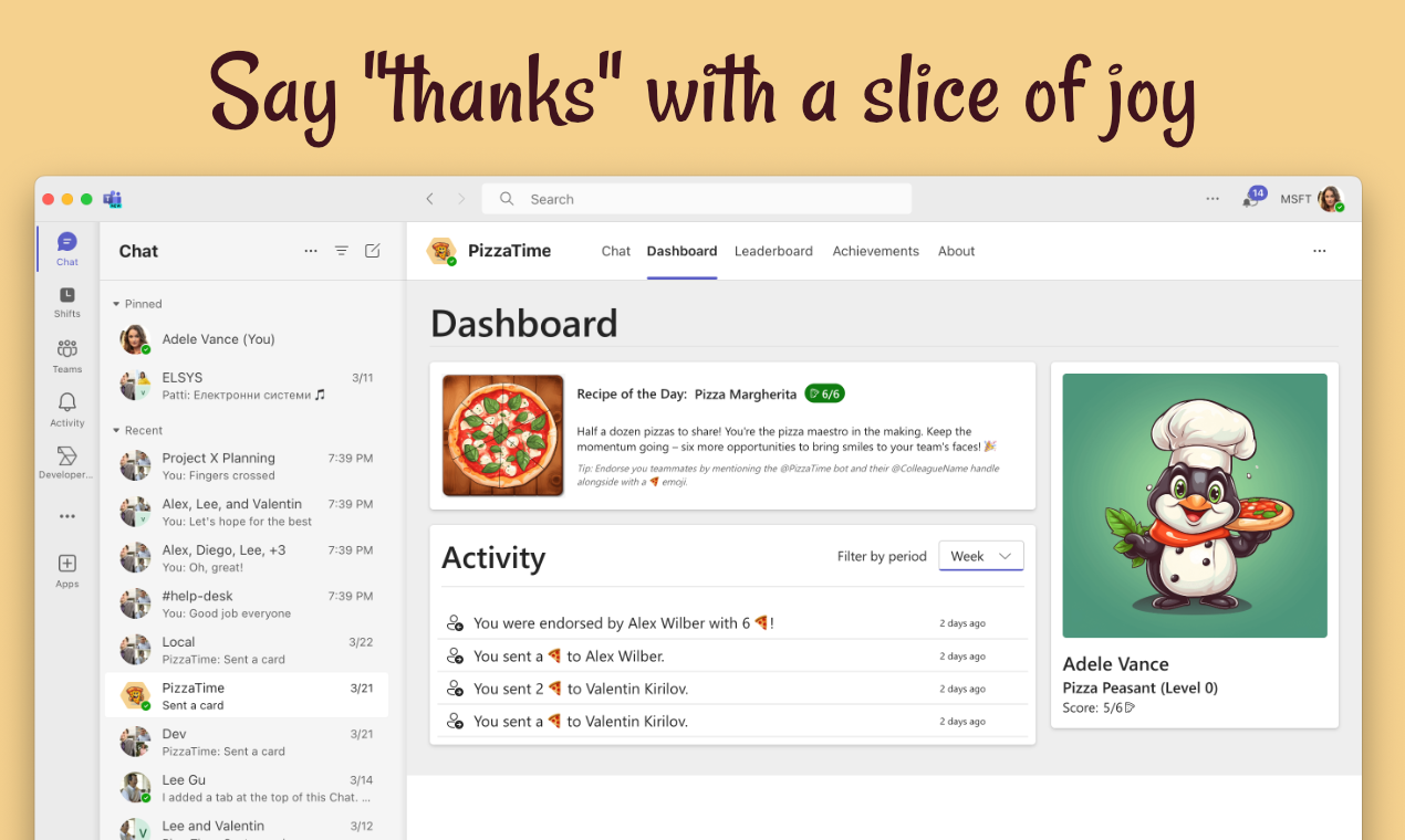 Microsoft Teams için Pizzatime - Bir dilim pizza ile takım arkadaşlarınıza "teşekkürler" deyin 🍕 medya 3