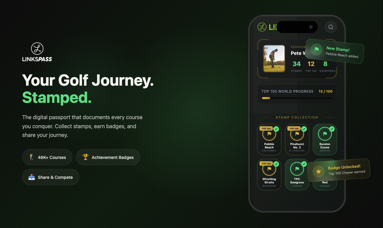 LinksPass - Lifelong Golf Passport - Main product screenshot demonstrating key features and user interface