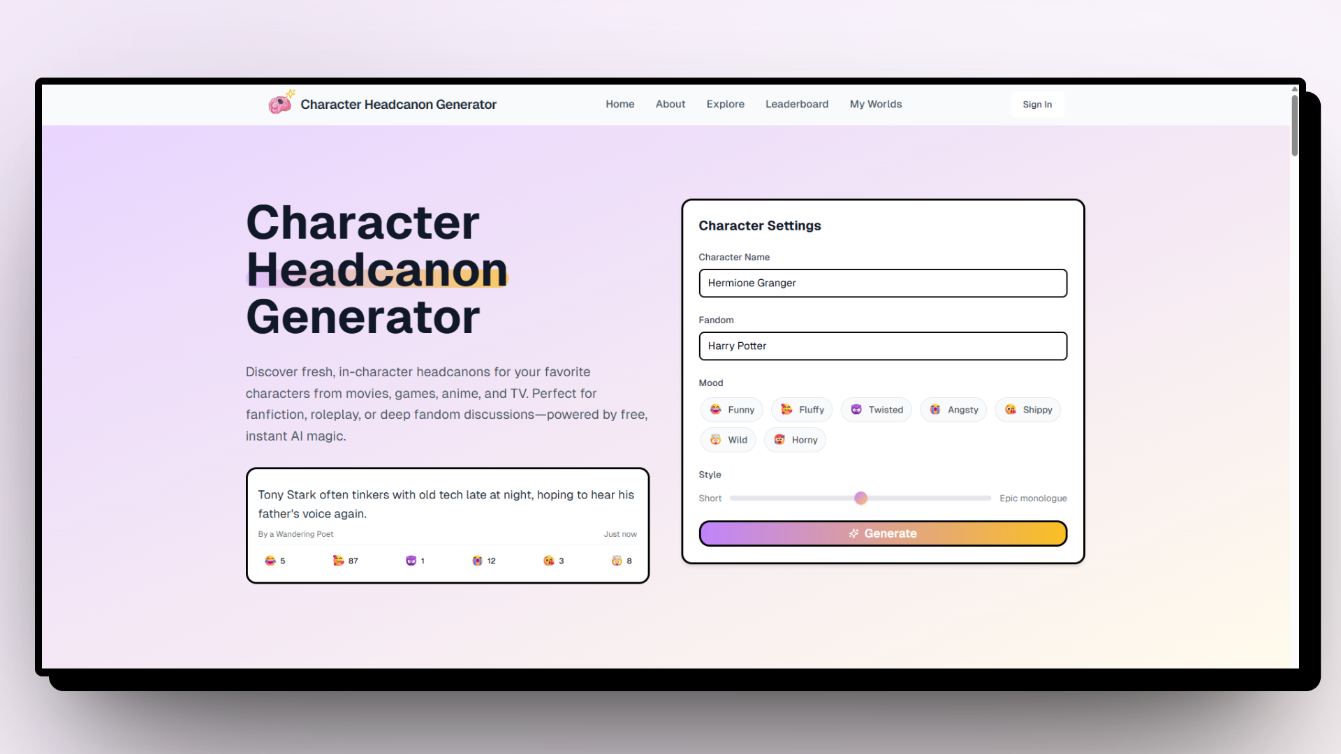 Character Headcanon Generator screenshot 1 Character Headcanon Generator screenshot 1