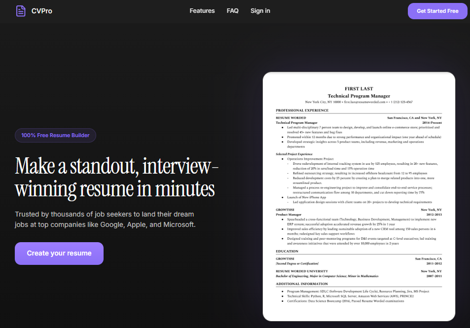 CVPro - Main screenshot showing features and interface