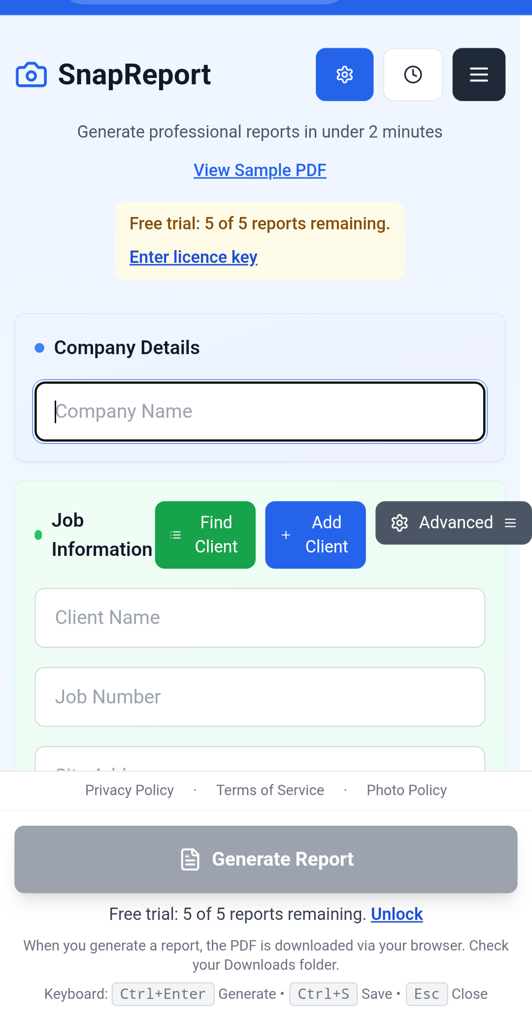 SnapReport - Main product screenshot demonstrating key features and user interface