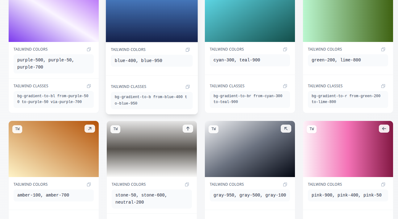 Mídia 3 de Gerador de gradiente de vento de cauda - 100 cartões com cores CSS de Tailwind