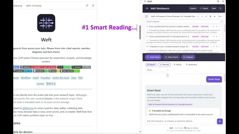 Weft: Turn browser into cited insights screenshot 1 (video preview)