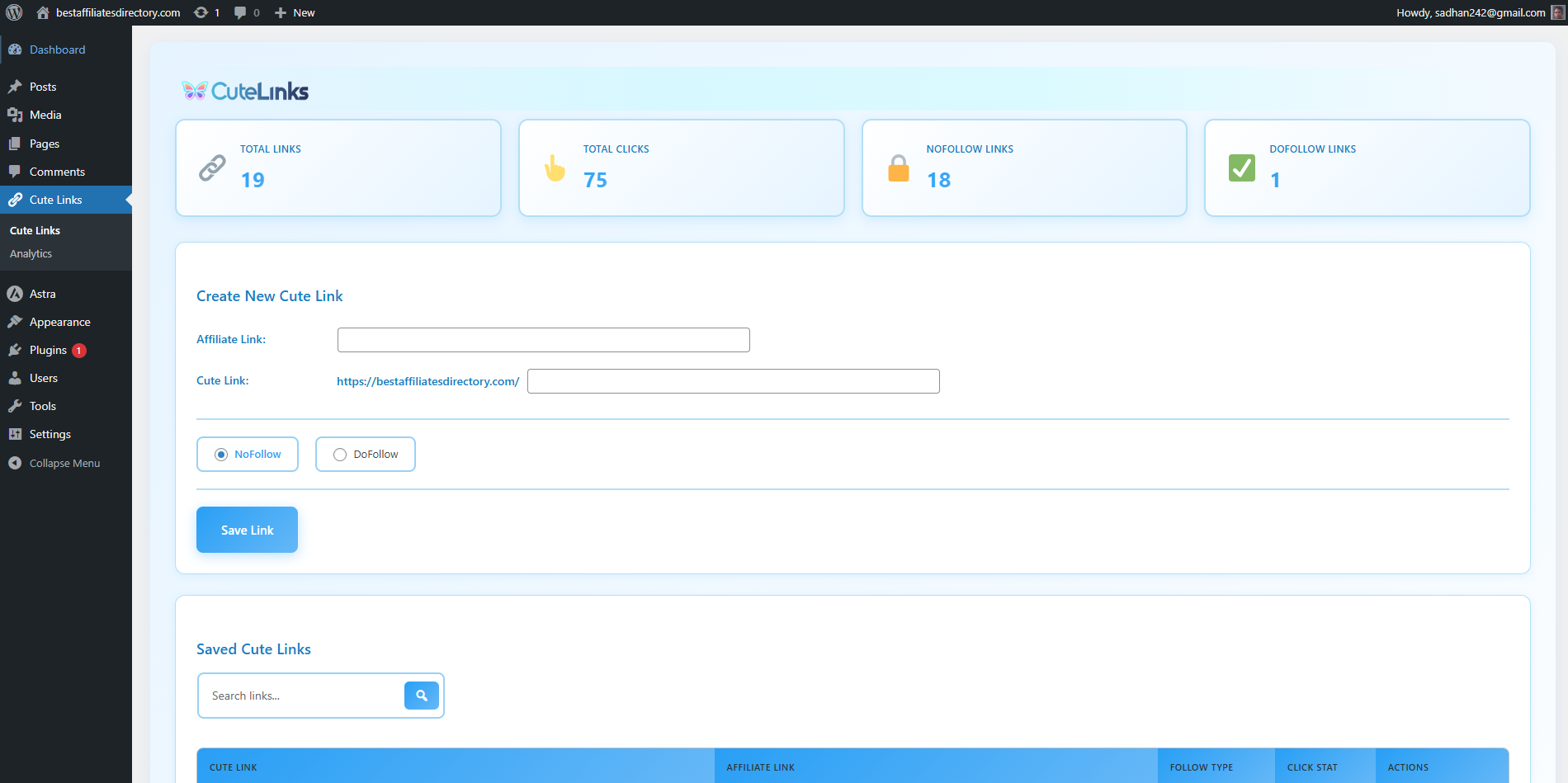 Cute Links - Best Affiliate Link Cloaker - Main screenshot showing features and interface