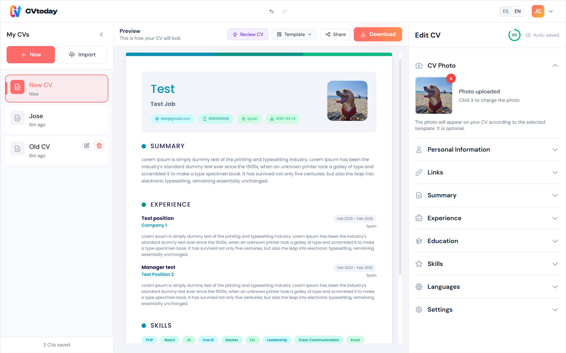 CVtoday - Main product screenshot demonstrating key features and user interface