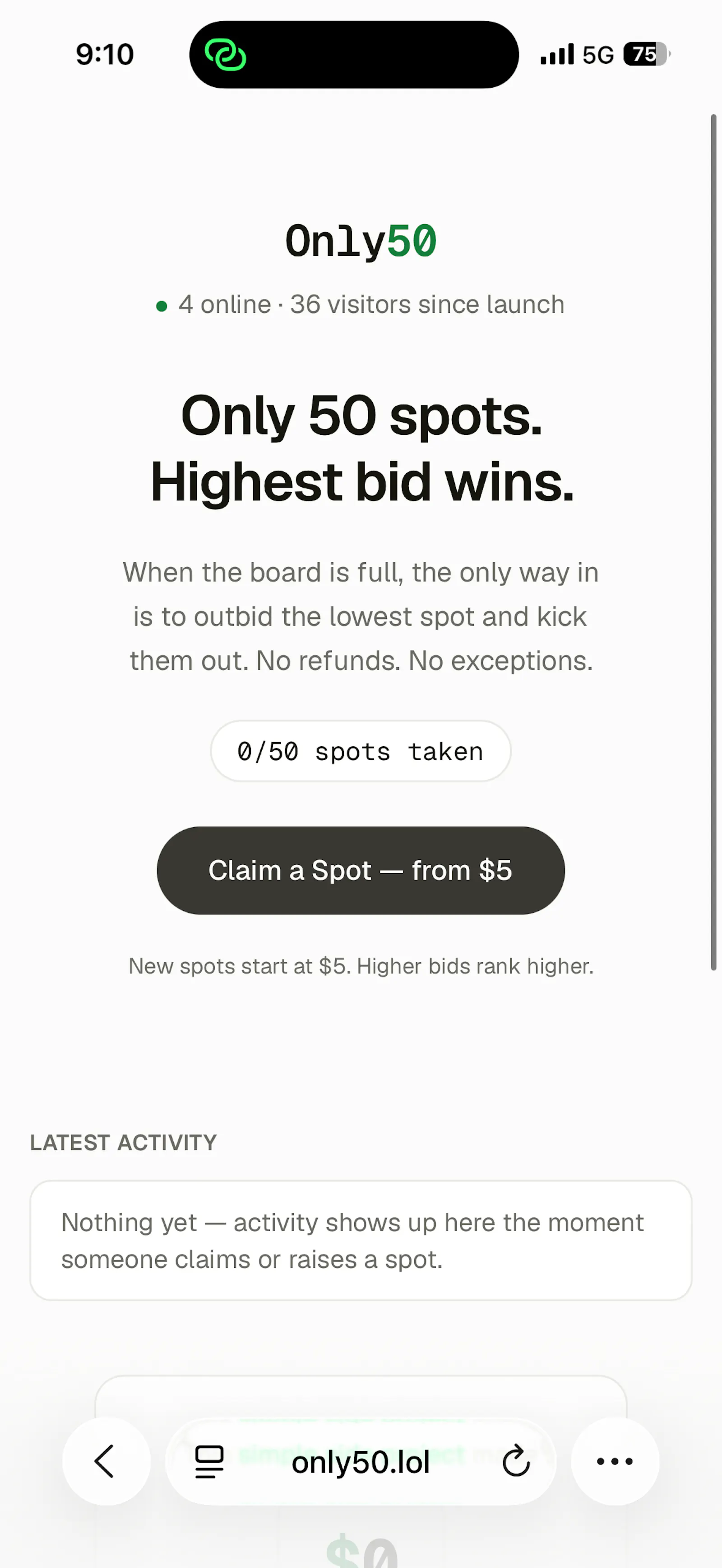 Only50 — 50 spots. Highest bid wins. screenshot 1