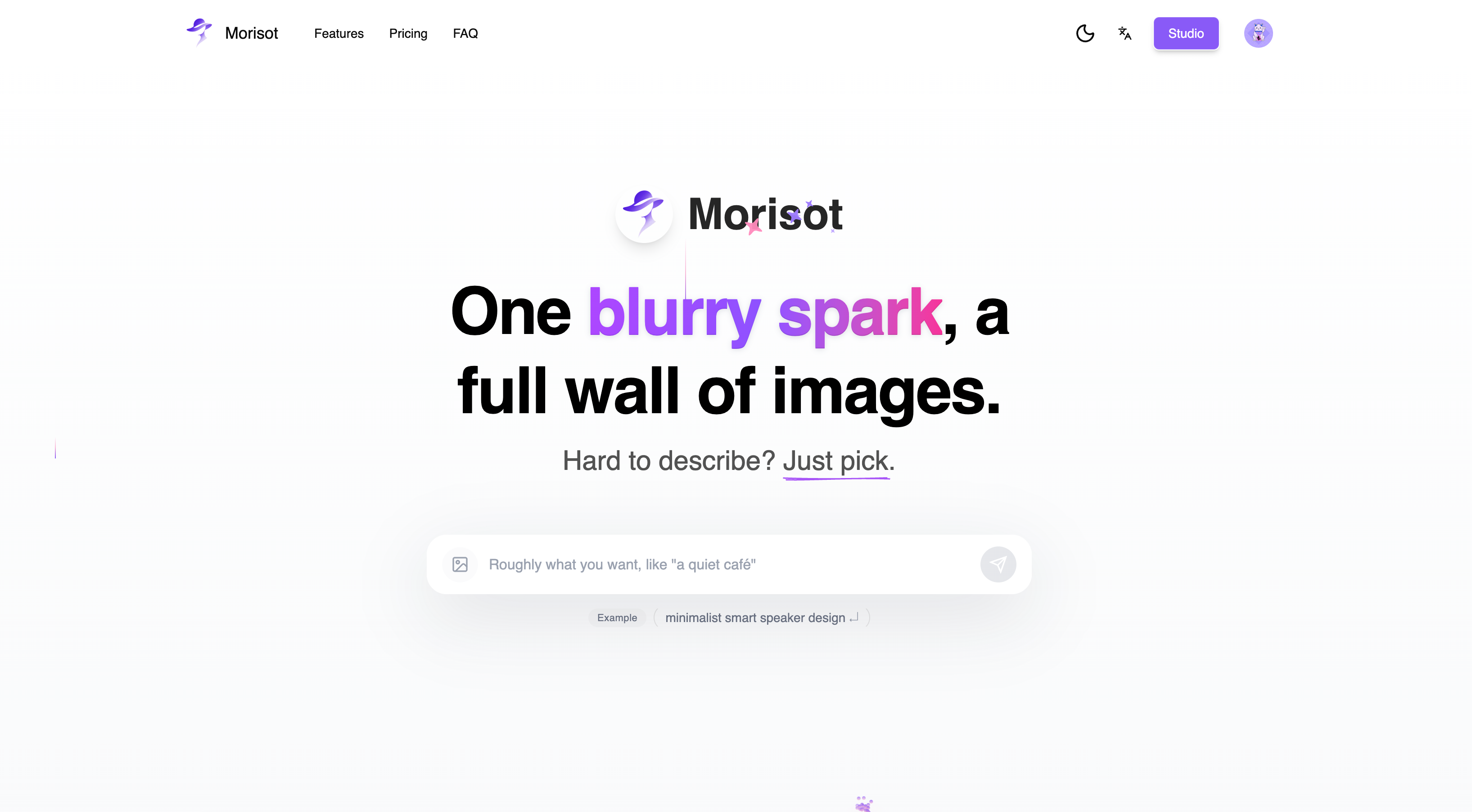 Morisot - Promptless AI Image Generator - Main product screenshot demonstrating key features and user interface