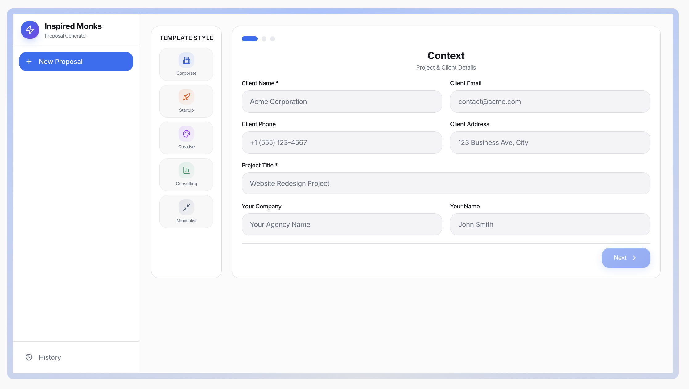 Free AI Proposal Generator - Main product screenshot demonstrating key features and user interface