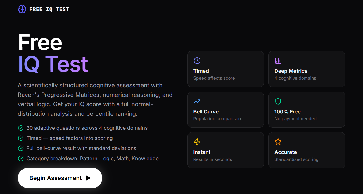  Free IQ Test - Main product screenshot demonstrating key features and user interface