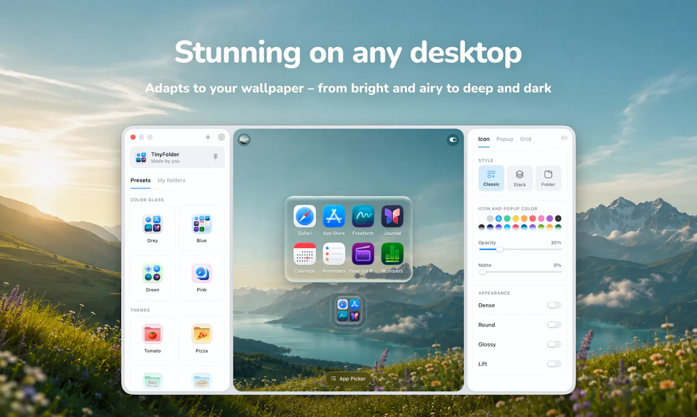 TinyFolder graphic 'Stunning on any desktop' showing the folder builder in light and dark appearance