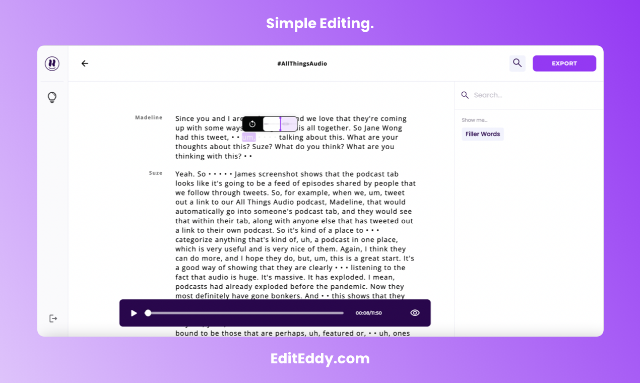 وسائط editeddy من قبل عناوين - محرر البودكاست عبر الإنترنت المستند إلى النص 4