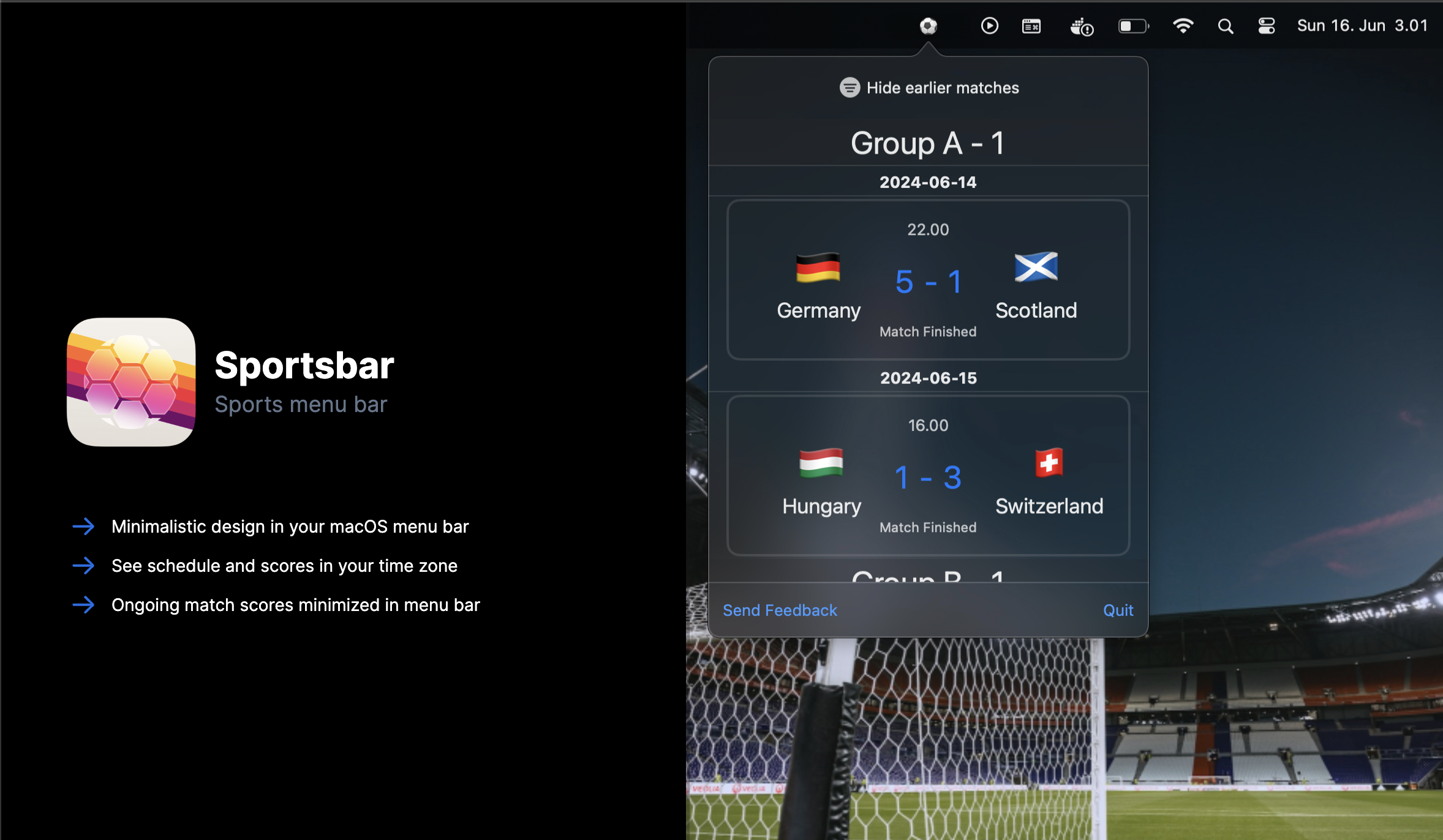 スポーツバー - EURO2024のMacOSメニューバーアプリケーションメディア2