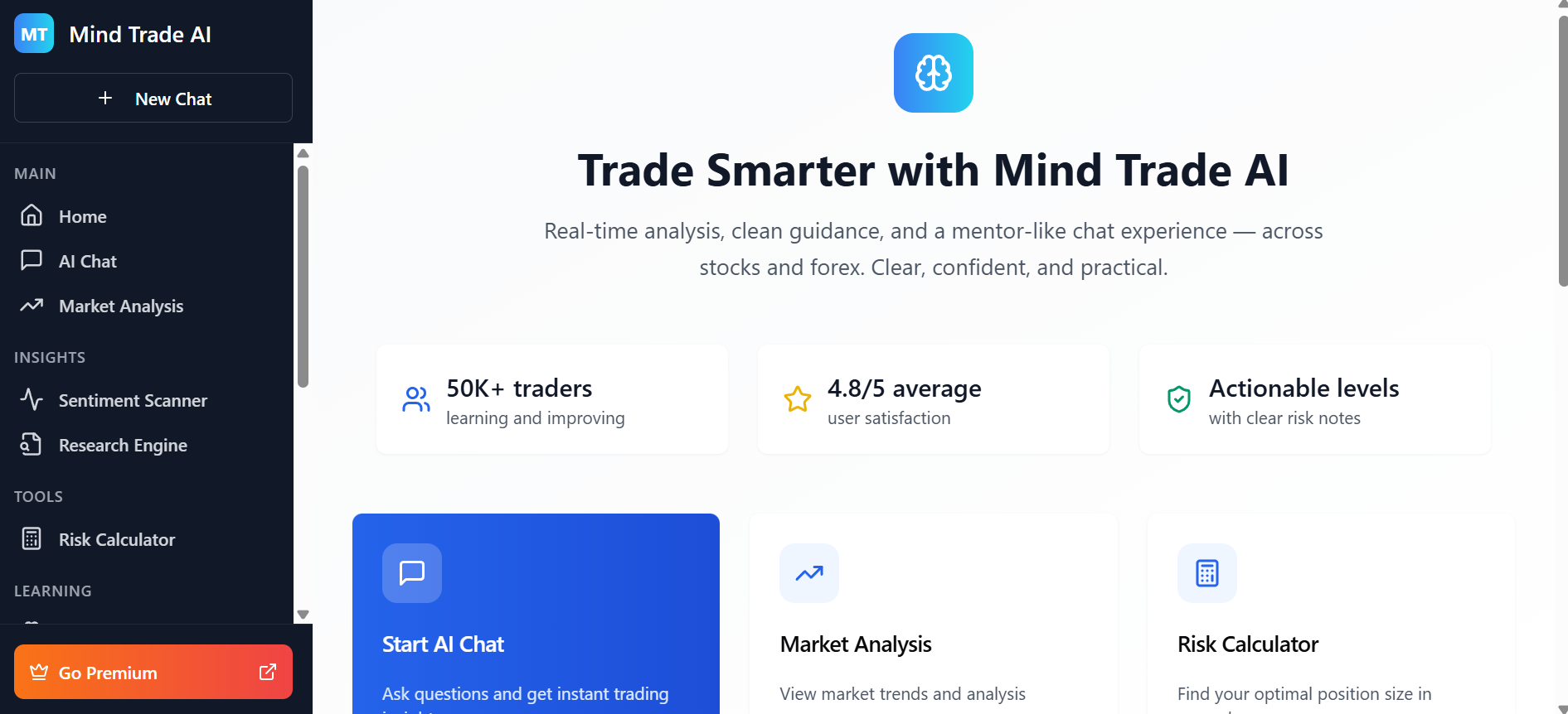 Mind Trade AI - Main screenshot showing features and interface