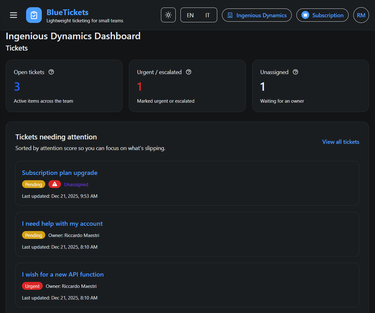 BlueTickets - Main product screenshot demonstrating key features and user interface