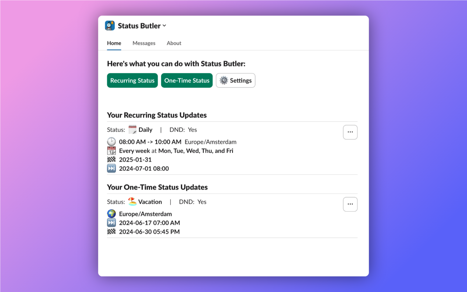 startuptile Status Butler-Scheduled status updates right from the Hometab in Slack.