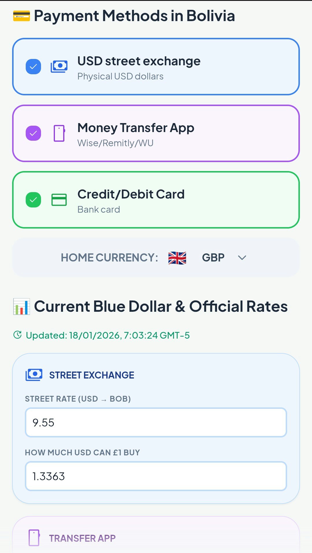 Bolivia Travel Money Calculator - Screenshot 2 showing product features and functionality