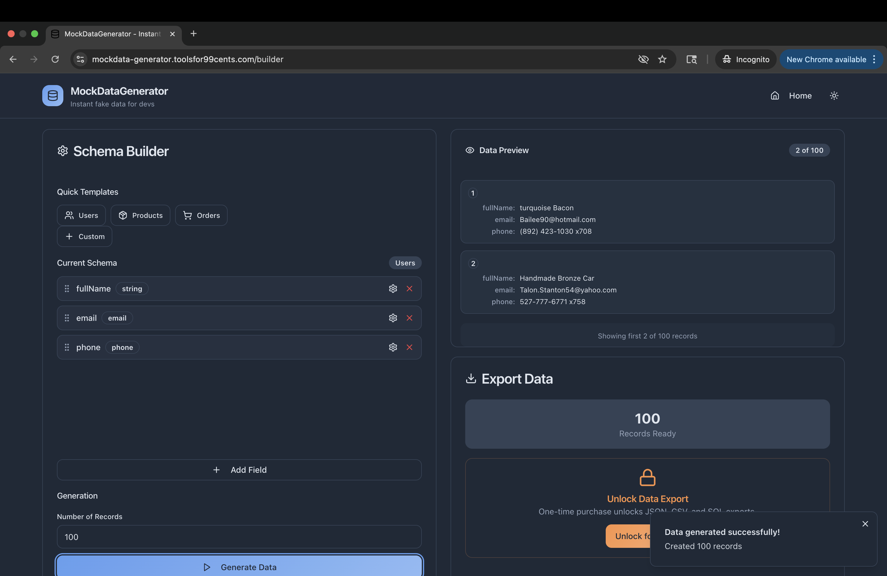 Média Mockdatagenerator - Mockdata en 10 secondes.99 ¢ / Export.Insert JSON / CSV / SQL 2