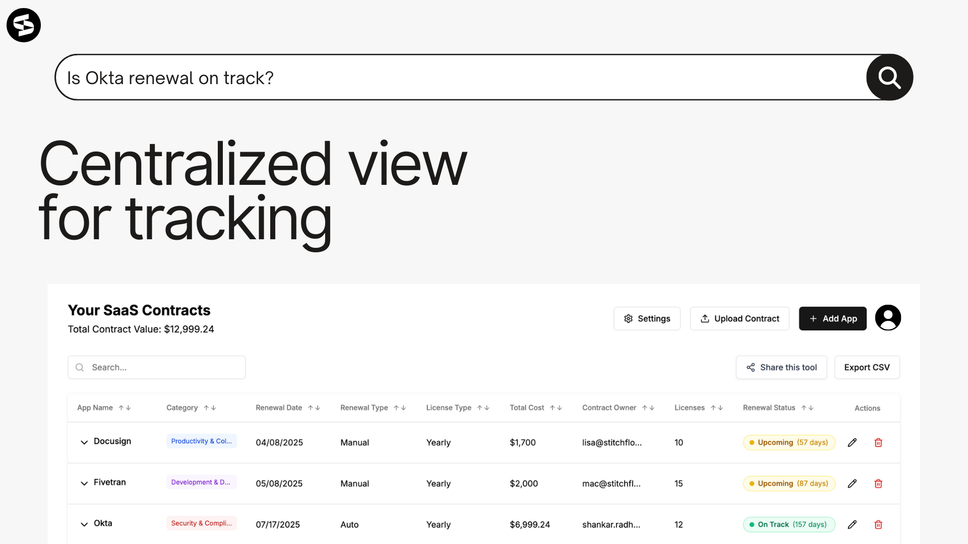 وسائط تتبع التجديد بواسطة Stitchflow - تنظيم عقود SaaS ، وتجديد المسار واحصل على أدوات تلقائية 5