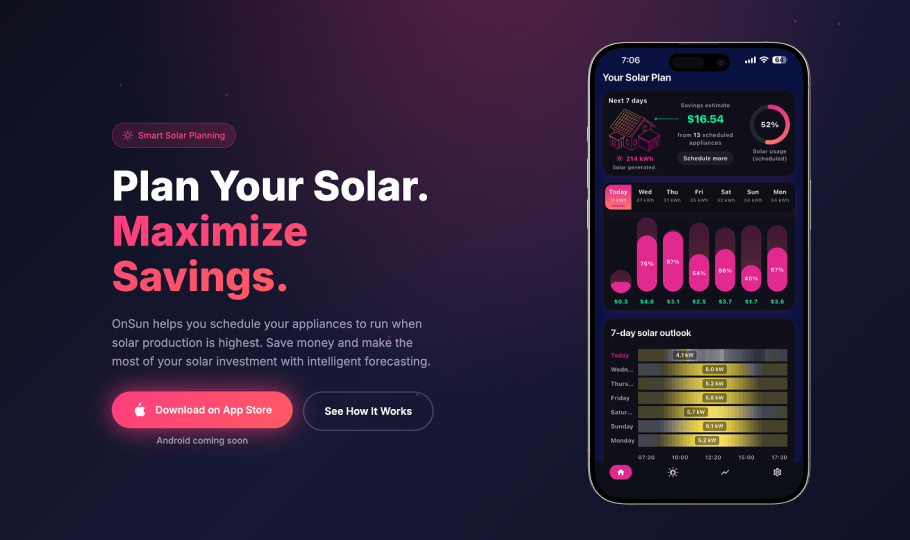 OnSun: Solar PV Forecaster & Planner - Main product screenshot demonstrating key features and user interface