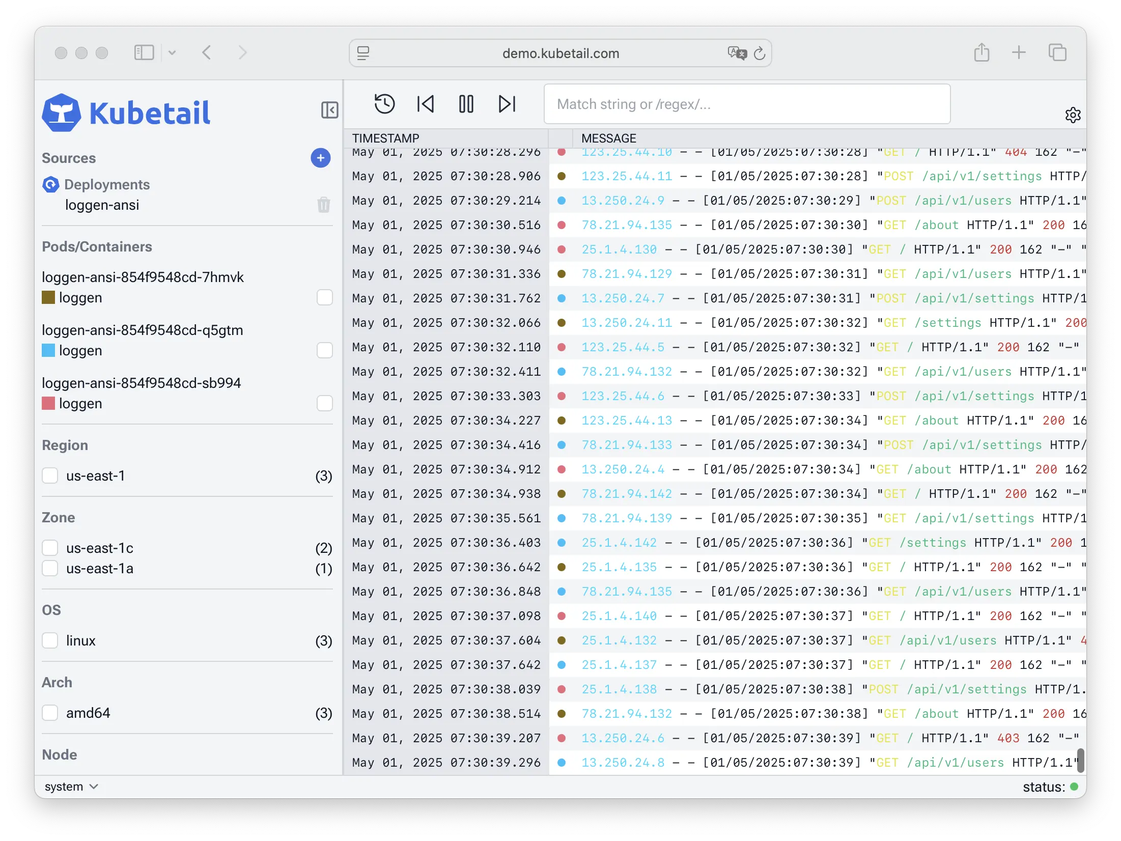 وسائط Kapetail - البحث - البحث في الوقت الحقيقي بحث عن kubernetes 3