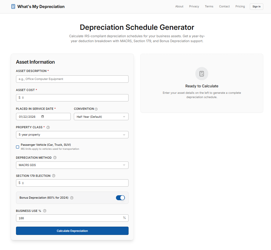 What's My Depreciation - Main product screenshot demonstrating key features and user interface