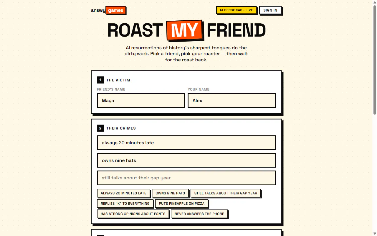 Roast My Friend — an Answy game gallery image