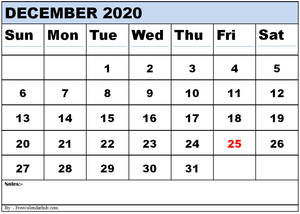 December 2020 Printable Calendar