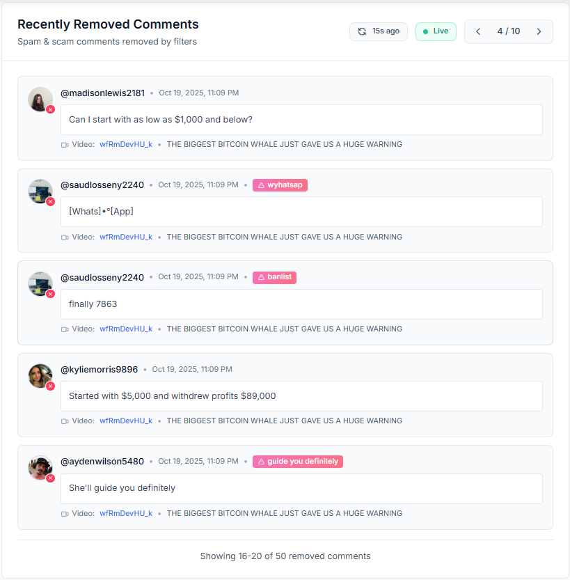 Auto Purge YouTube Scam Comments spam gallery image